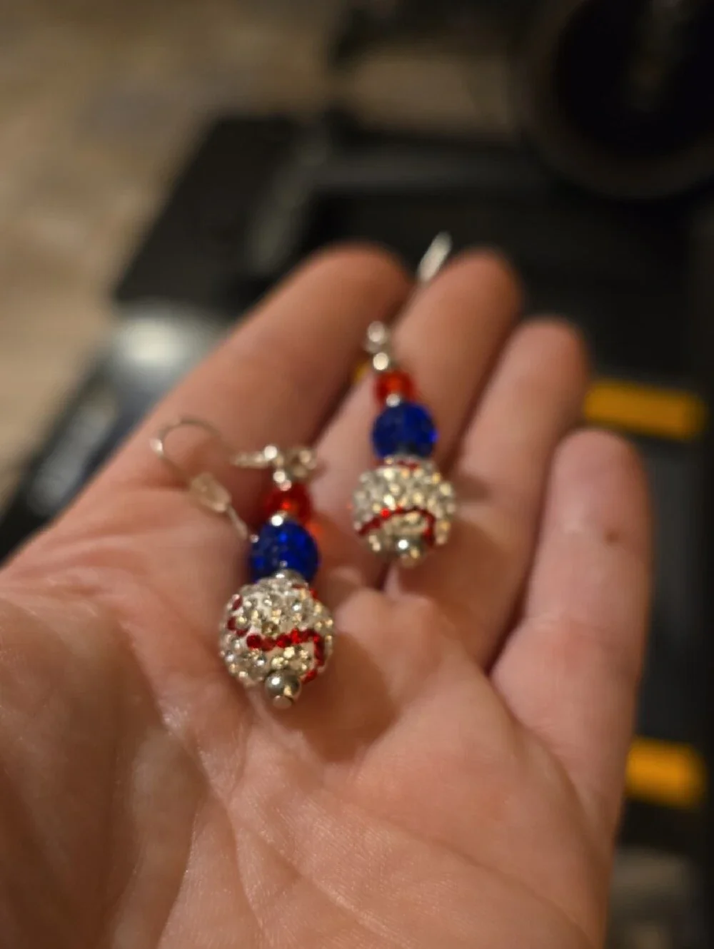 Patriotic Crystal Baseball Dangle Earrings - Red, Blue & Silver